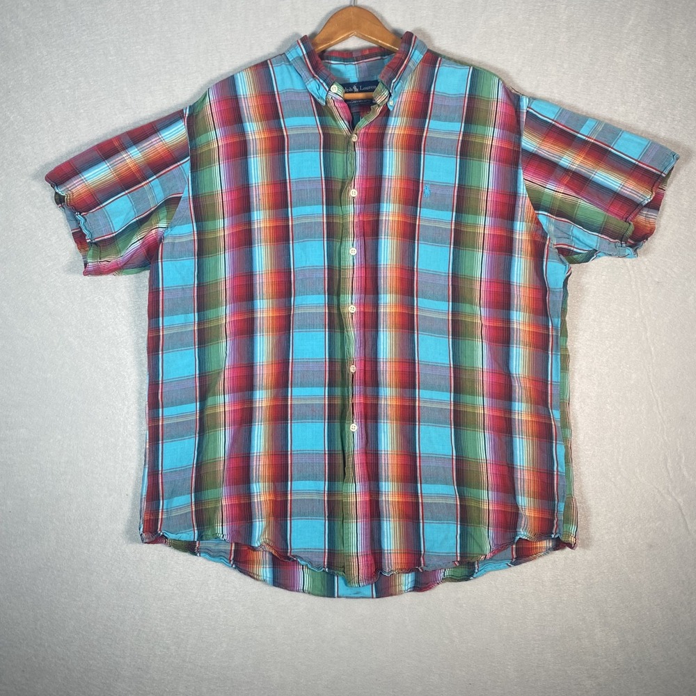 Ralph Lauren Button Down Shirt Mens XL Blue Plaid Linen Cotton Custom Fit